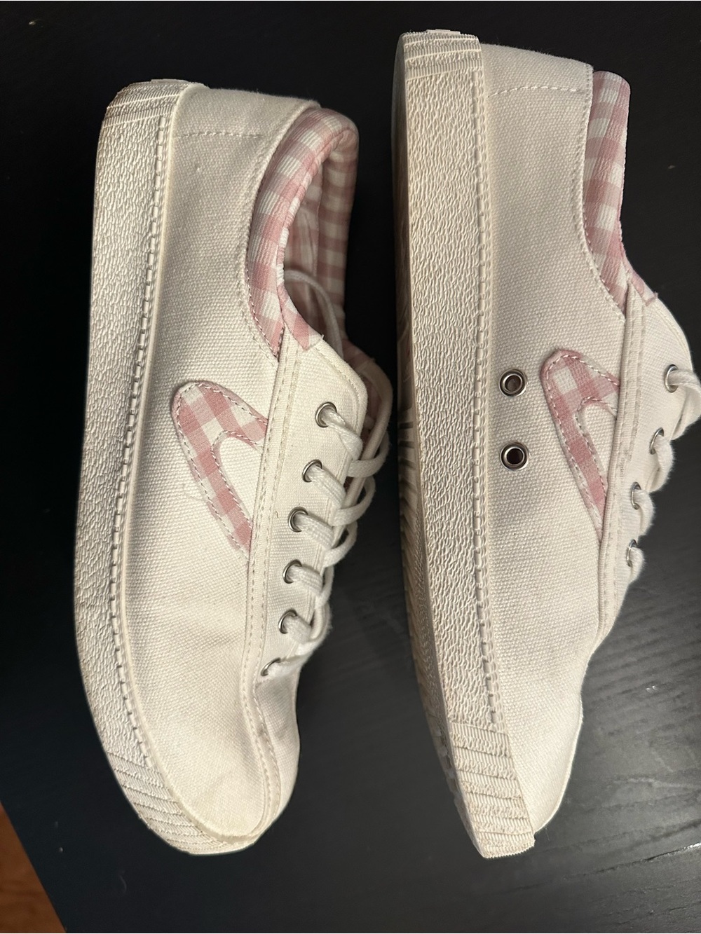 Women’s White Canvas Sneakers with Pink Gingham Accent
